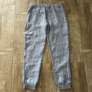 Nicole‎ Miller Linen Cargo Jogger Pants Pale Blue Elastic Drawstring Waist M/L